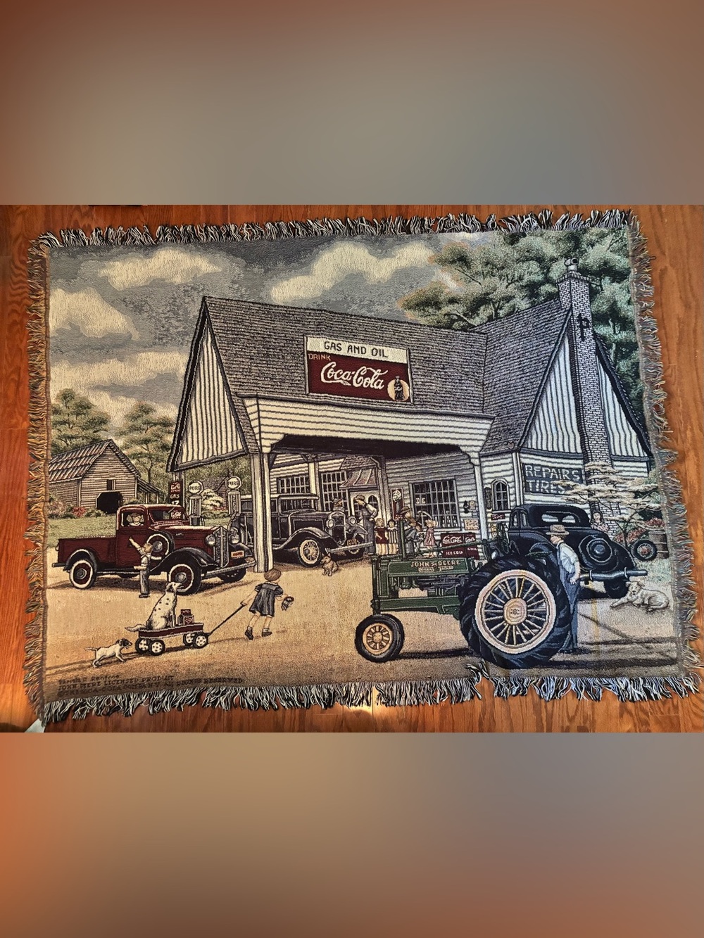 Coca Cola Cream, Green, Black Vintage Gas Station Woven Tapestry
